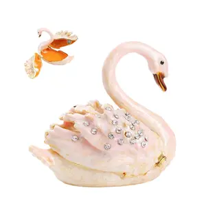 YOOYOO Swan Trinket Boxes Hinged, Swan Ring Dish, Small Animal Ring Holder For Wedding, Pretty Pink Kissing Swans Jewelry Boxes, Tiny Painted Swan Ornament Home Decor, Enameled (SWAN)