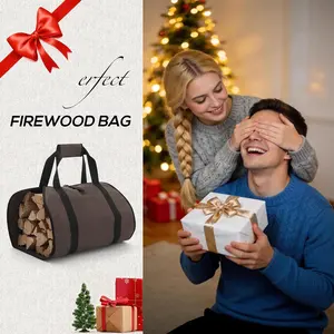 Waxed Canvas Firewood Bag Heavy Duty Large Durable Fireplace Carrier Log Tote Fire Wood Carring Bag With Handles Wood Sling Holder Cabin Stove Accessories (Brown)