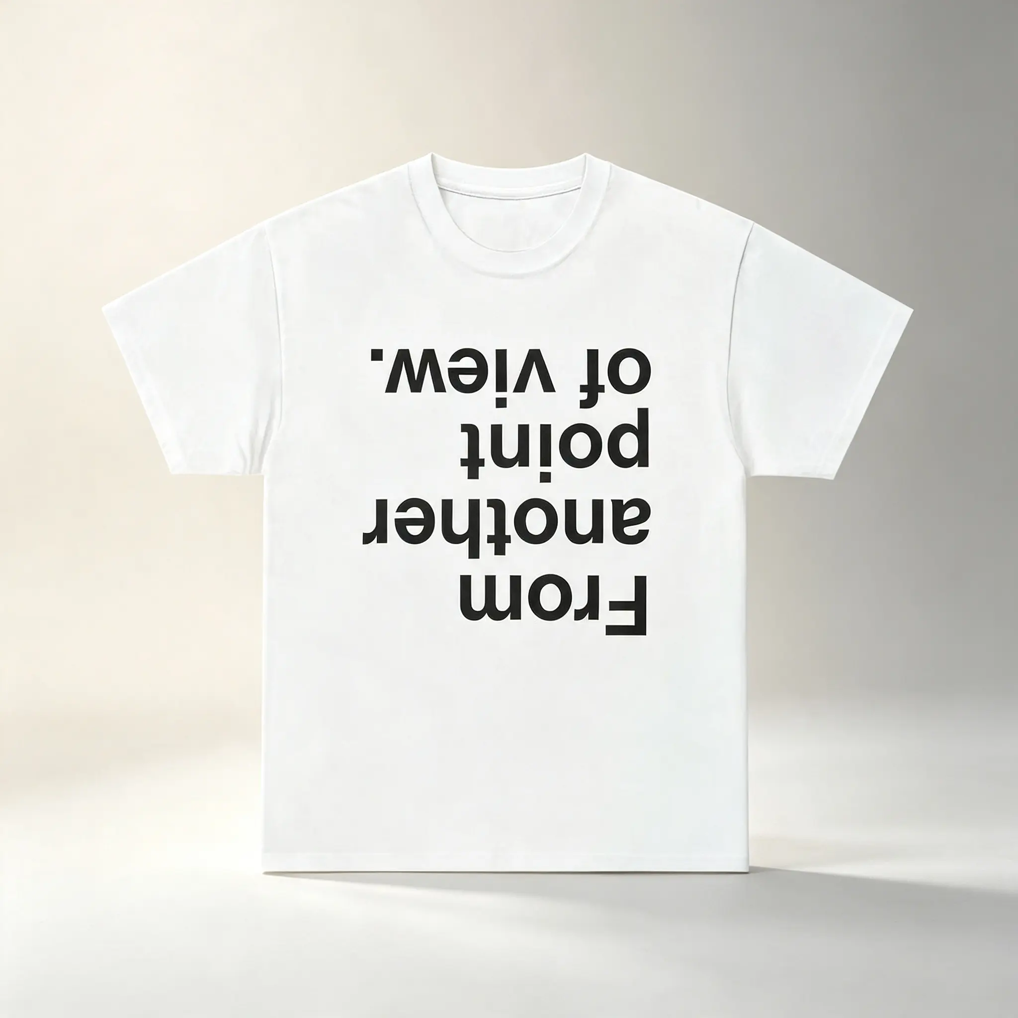 From Another Point Of View Reverse Text Graphic White Crewneck T-Shirt Minimalist Letter Print Casual Short Sleeve Tee For Men Women Daily Streetwear