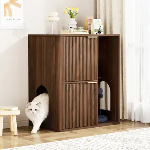 31.5-inch Walnut Cat Litter Cabinet with Cat Tree - Grooved Concealed Litter Furniture Featuring Dual Cat Doors and Storage Shelves, Versatile Pet Cabinet for Living Rooms or Bedrooms