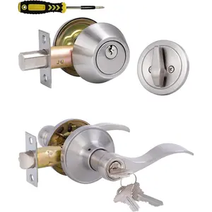 Front Door Lever Lockset with Single Cylinder Deadbolt Combination Set, Exterior Door Knob with Lock and Deadbolt, Satin Nickel Finished Door Lock
