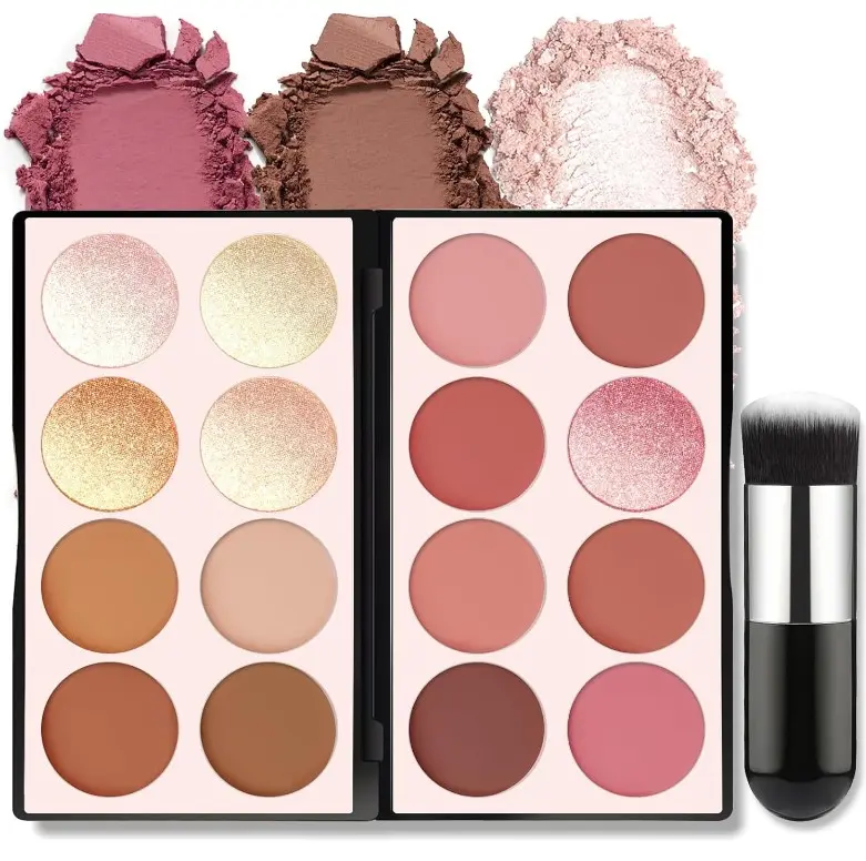 HOSAILY 16 Colors Blush Contour Highlighter Makeup Palette, All-in-One Shimmer Silky Matte Mineral Blush Powder Palette, Face Sculpting Bronzer Blusher Illuminator for a Natural Glowing