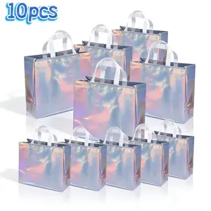 [iridescent Gift Bags] 10pcs Iridescent Holographic Gift Bags, 13x5.1x11" Reusable Non-Woven Totes, Handles, Sturdy Base, Foldable
