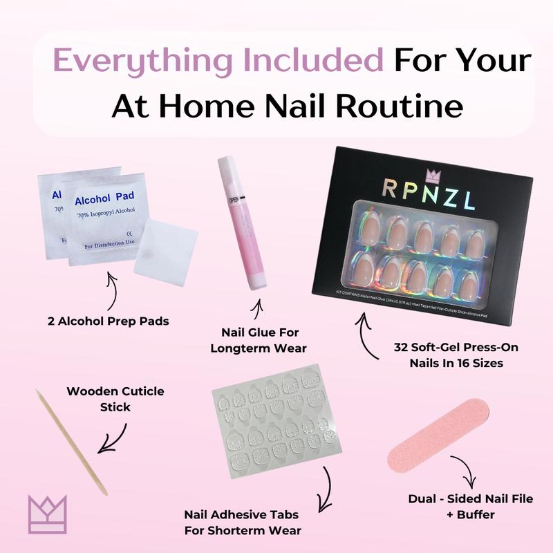 RPNZL Press On Nail Kits - UV Finish Nails, 3 Weeks of Wear | 32 Nails, 16 Sizes Kit with Glue and Adhesive Tabs I Female Founded