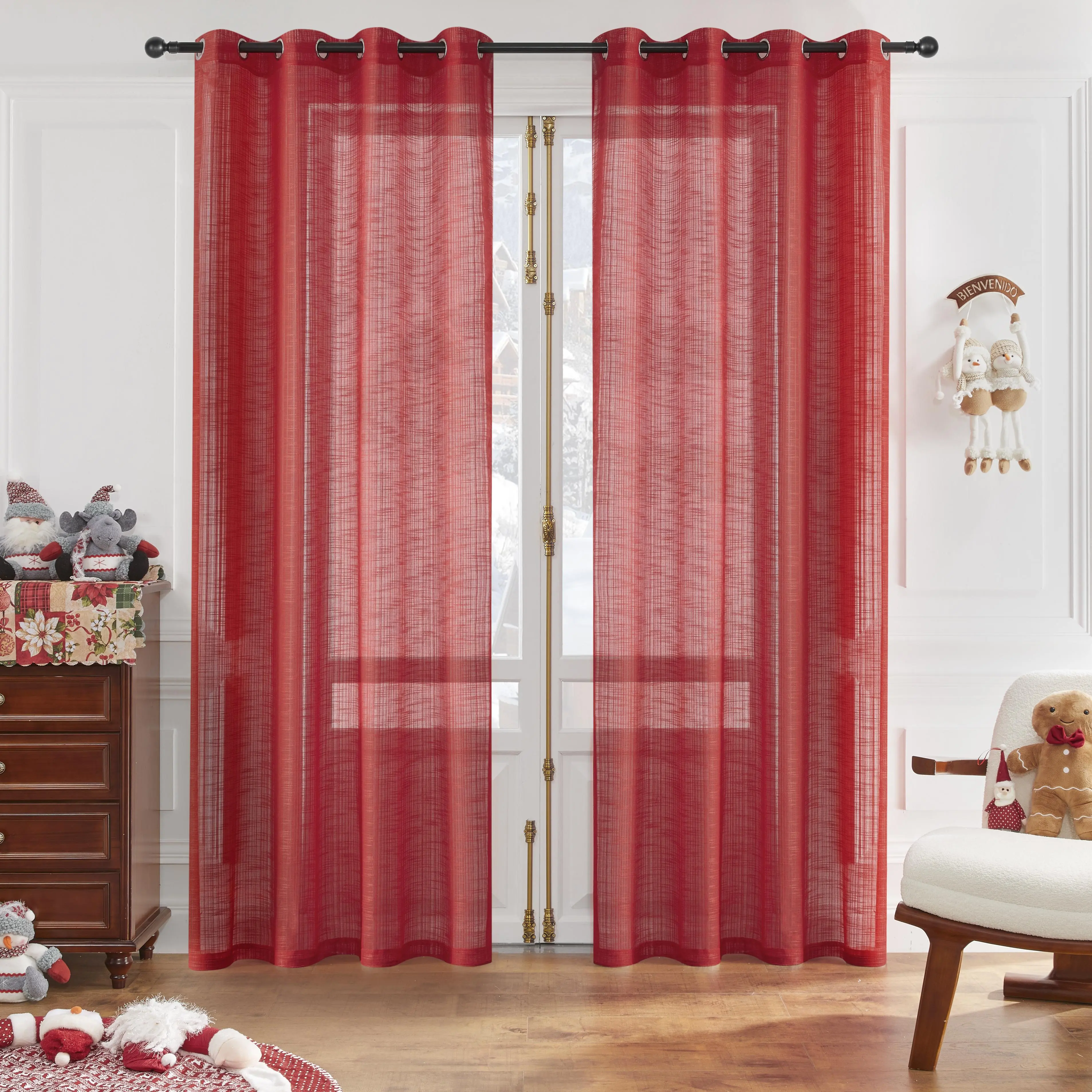 2-Panel Artificial Linen 100% Polyester Semi Sheer Net Curtains - Multi-Size, Light Filtering Flat Weave Bamboo Yarn Drapes with Privacy Grommets, Breathable Indoor Window Decor for Bedrooms/Living Summer Use