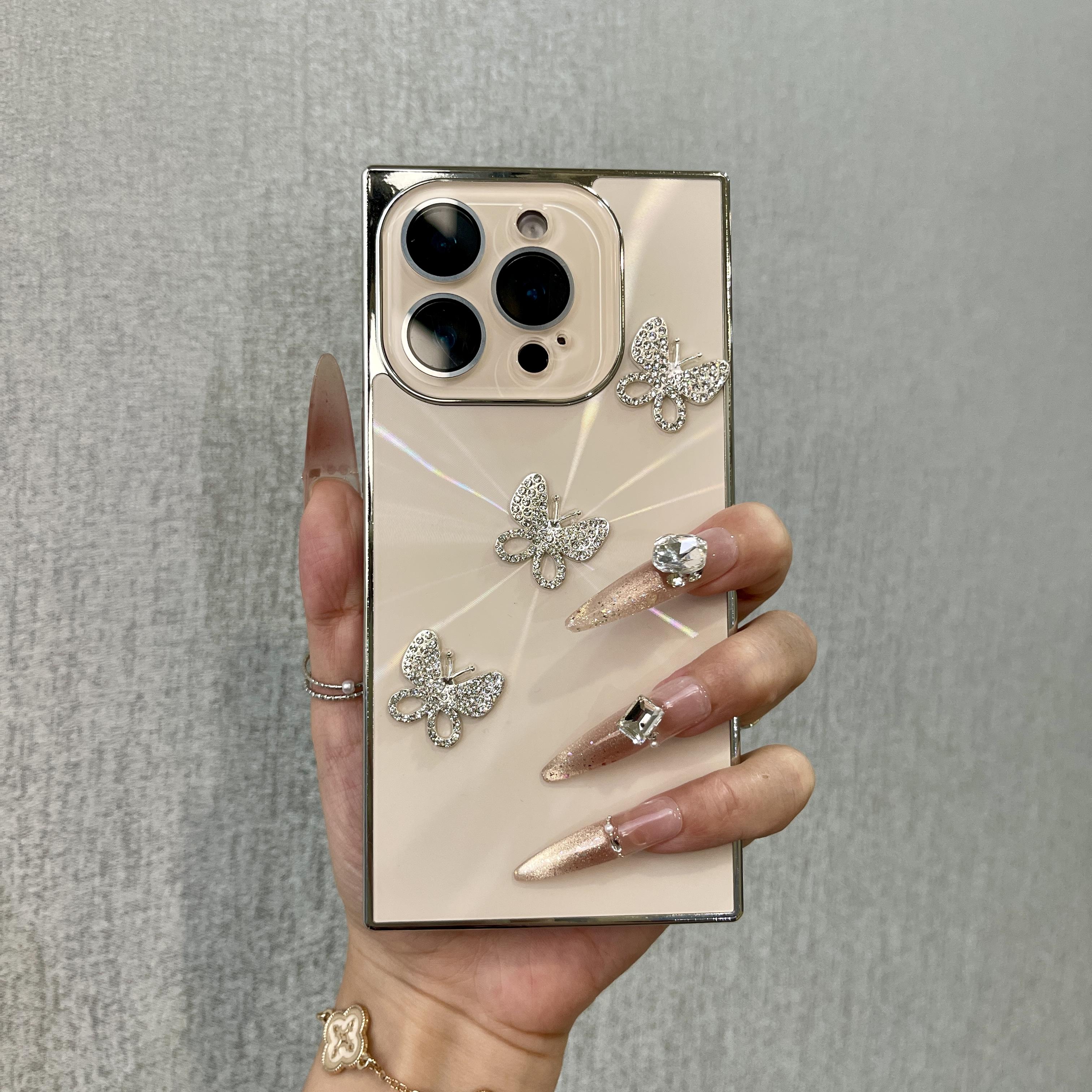 Luxury 3D Rhinestone Butterfly Square Edge Phone Case, Bling Glitter Electroplated Full Camera Protection Shockproof Cover for junk