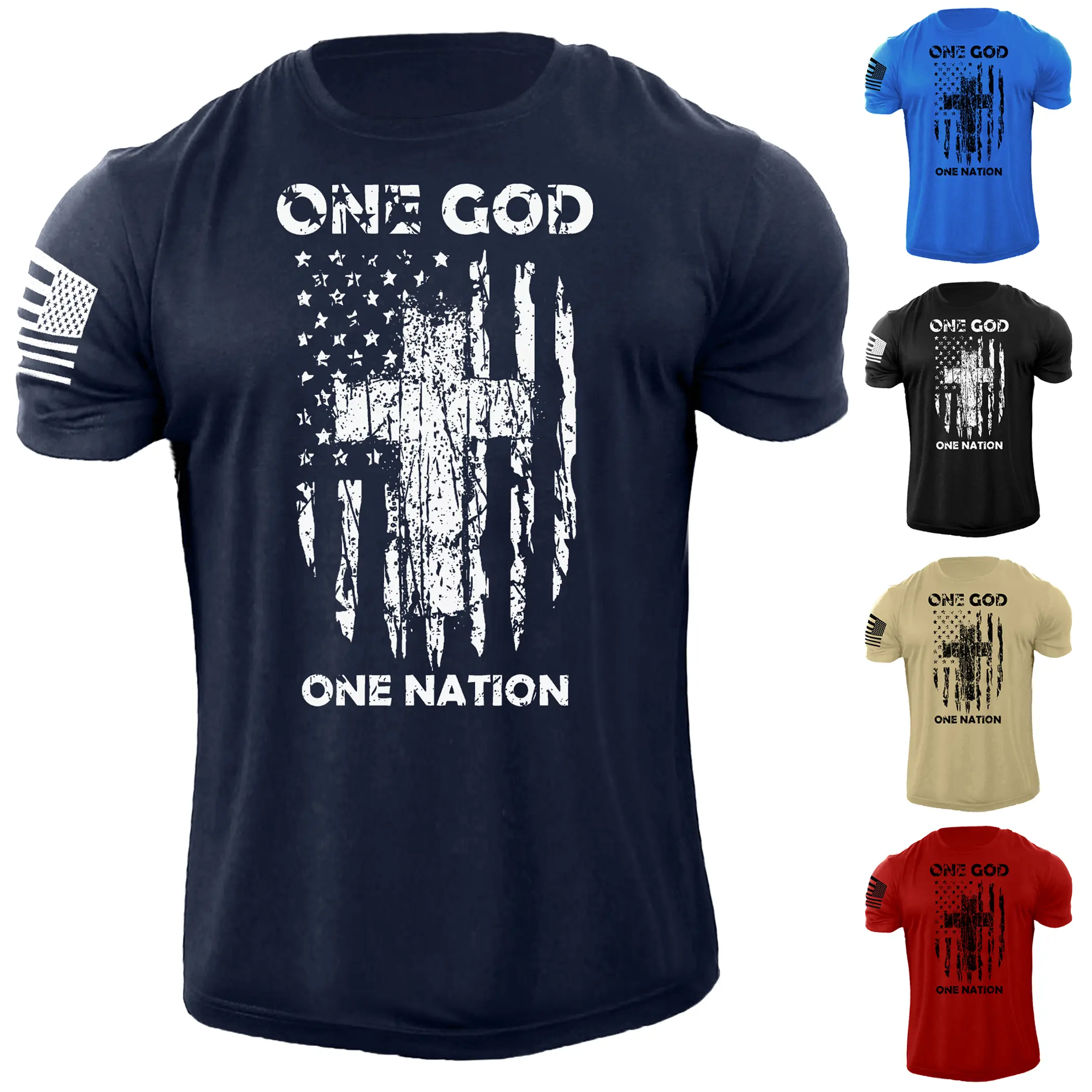 Men's One GOD One Nation Cross USA Flag T Shirt American Patriotic 100% Cotton Menswear Soft