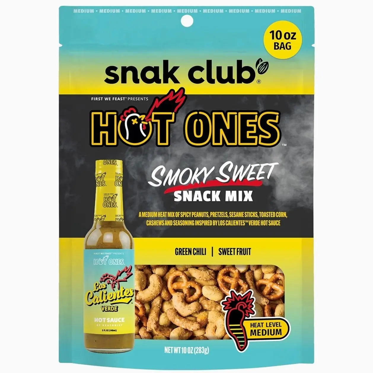 Snak Club x Hot Ones Snack Mix, Smoky Sweet, Spicy Snacks with Peanuts, Pretzels, Sesame Sticks, Toasted Corn, Cashews, Inspired by Hot Ones, Vegan Snack, 10 oz Resealable Bag