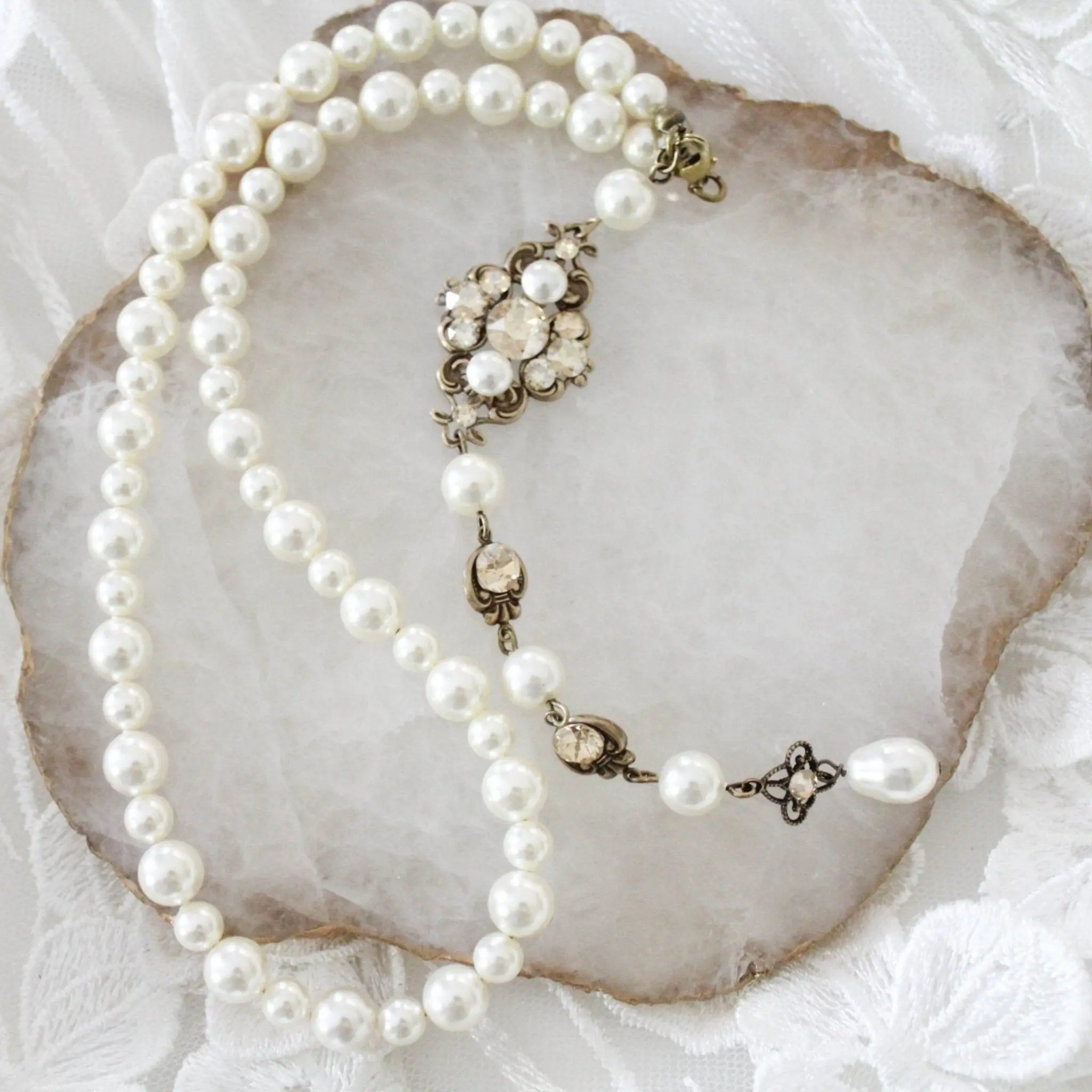 Pearl and crystal bridal backdrop necklace - ASHLYN