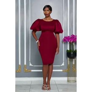 ROUND NECKLINE MIDI DRESS WITH PUFFED SLEEVES (BURGUNDY)