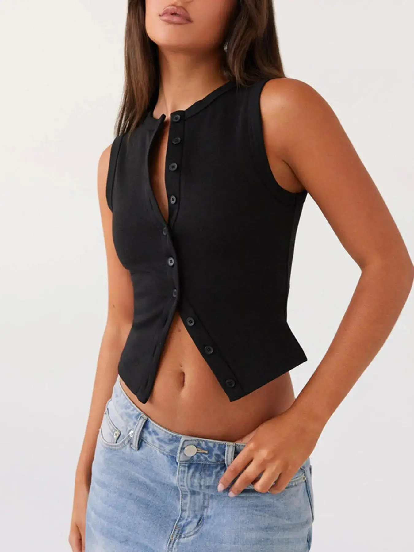 Women's Plain Button Front Ribbed Tank Top, Casual Sleeveless Round Neck Top for Daily Wear, Ladies Clothes for All Seasons
