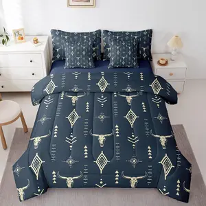 Boho Aztec Sheet Set,Bed in A Bag Bull Skull 7 Pcs Comforter Set for Teens Young Western Native Horns Comforter Geometric Ethnic Art Navy Blue Retro Symbol Aesthetic Bed Set