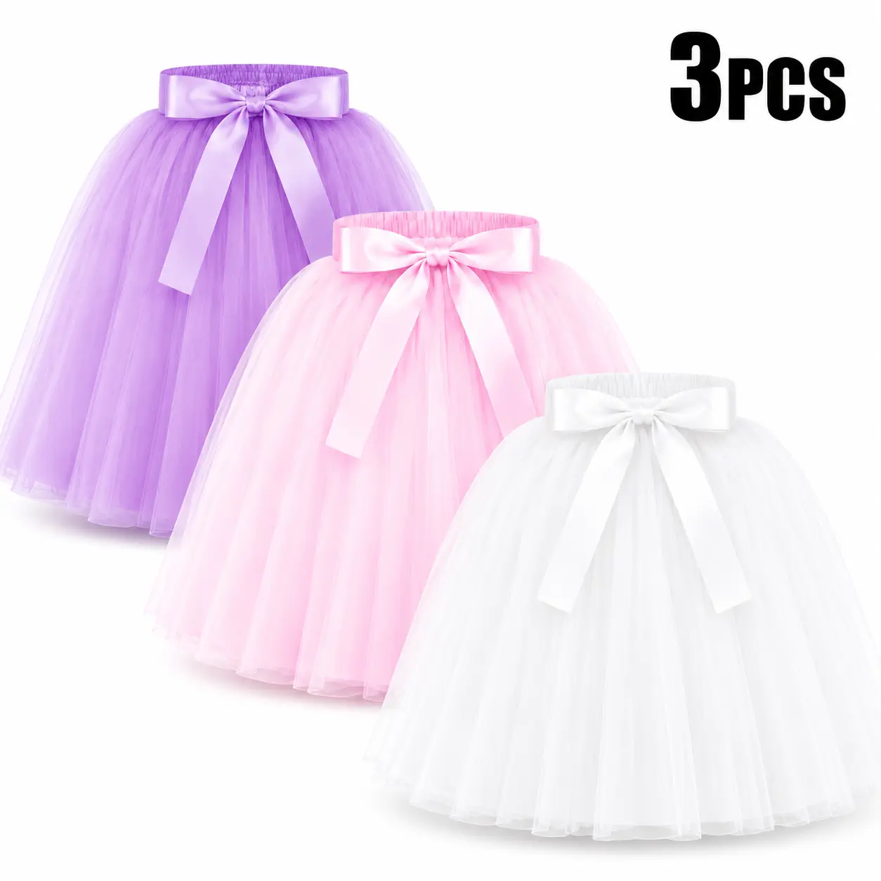 Girls' 3-Pack Soft Puffy Tulle Tutu Skirt Set - All Season, Soft Fit, for Toddler Kids Ages 2-14, Birthday Party Princess Dress Up, Ballet Dance