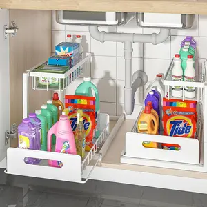 Under Sink Organizer 2 Tier Pull Out Cabinet Organizer Slide Out Sink Shelf & Cabinet Organizer for Kitchen Bathroom Cabinet Installation Organizing System 20-25 kg Capacity