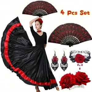 4Pcs/Set Halloween Flamenco Accessories,Including Women Rose Flower Hair Clip,Embroidered Sequins Fabric Handheld Folding Fan,Flower Neck Chain,Earrings,Christmas Party Gifts,Hand Tools Kits