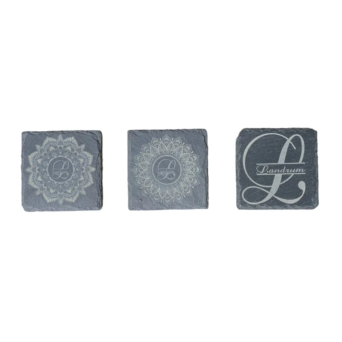 4x4 laser engraved slate coasters 4qty for $25 three options, available with monogram name, only or monogram with medulla two options available
