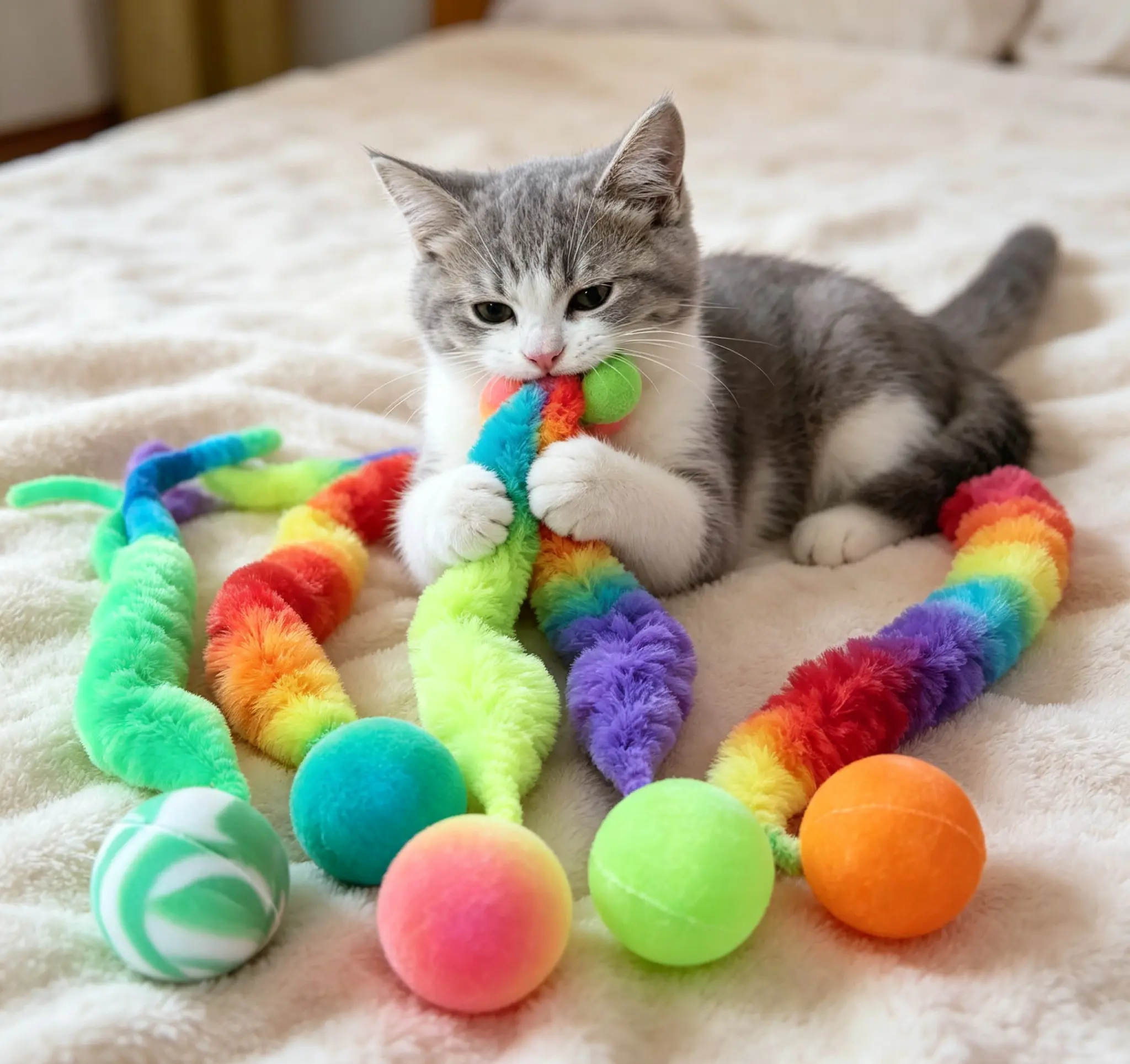 5-Pack Colorful Balls Cat Worm Toy, Bouncy Rubber Ball with Soft Plush & Bouncy Tail, Interactive Chew Toy for Indoor Cats to Engage Kittens in Play & Exercise