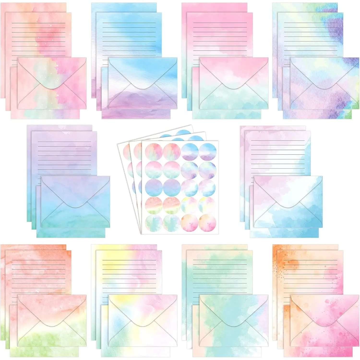 160-Pack Car Interior Decoration Stationery Paper Set - 50 Double-Sided 5.5x8.25 Inch Watercolor Writing Papers, 50 Matching Envelopes, 60 Round Dot Stickers, 10 Designs, Art Materials for Letter Use