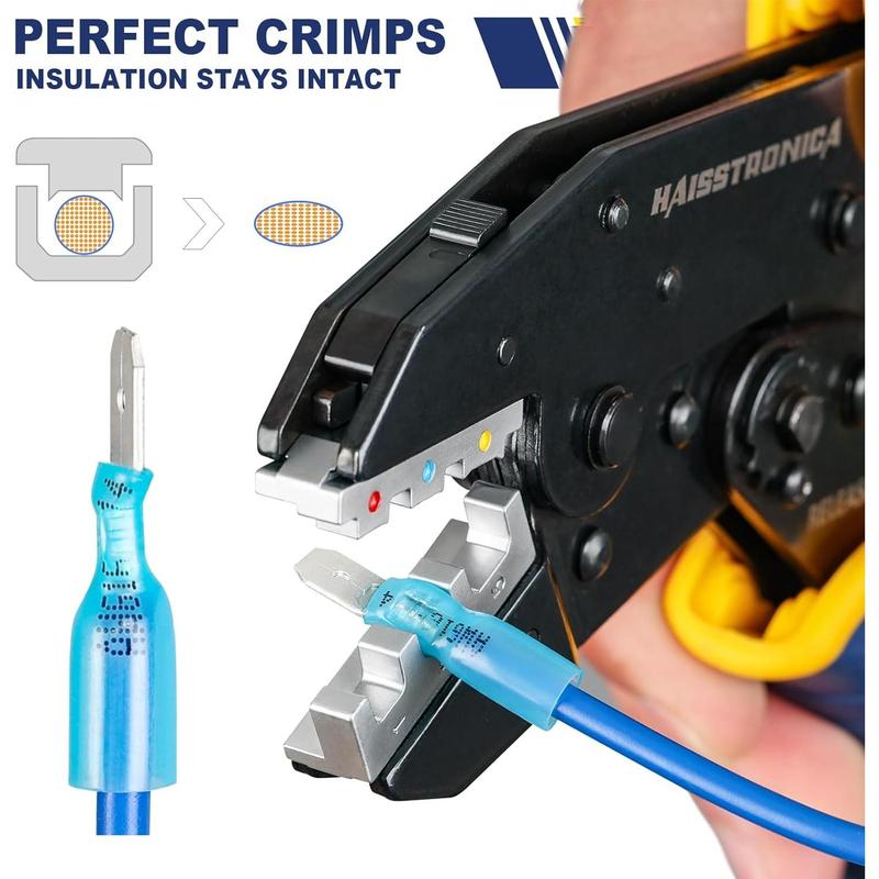 6 in 1 Crimping Tool Kit and Wire Stripper, Ratcheting Wire Crimper with 6 PCS Interchangeable Dies for Heat Shrink,Non-,Ferrule,Open Barrel,Connectors, men tool gifts