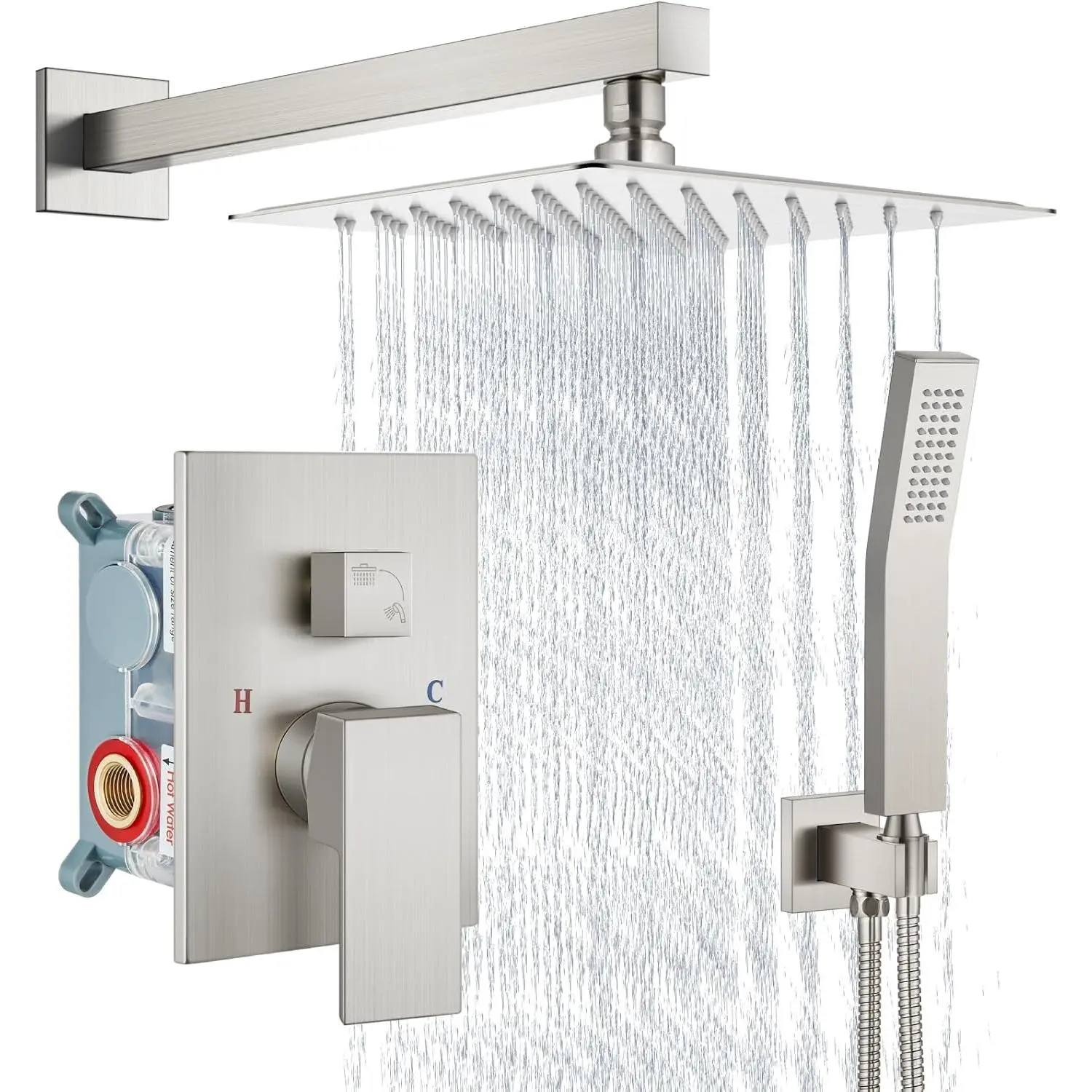Wall Mount Shower Faucet Set with 10/12 Inch Rain Shower Head and Handheld, Brushed Nickel/Black, Complete Shower System with Rough-in Valve, 304 Stainless Steel, Pressure-Boosting, Ideal for Family Bathroom Renovation