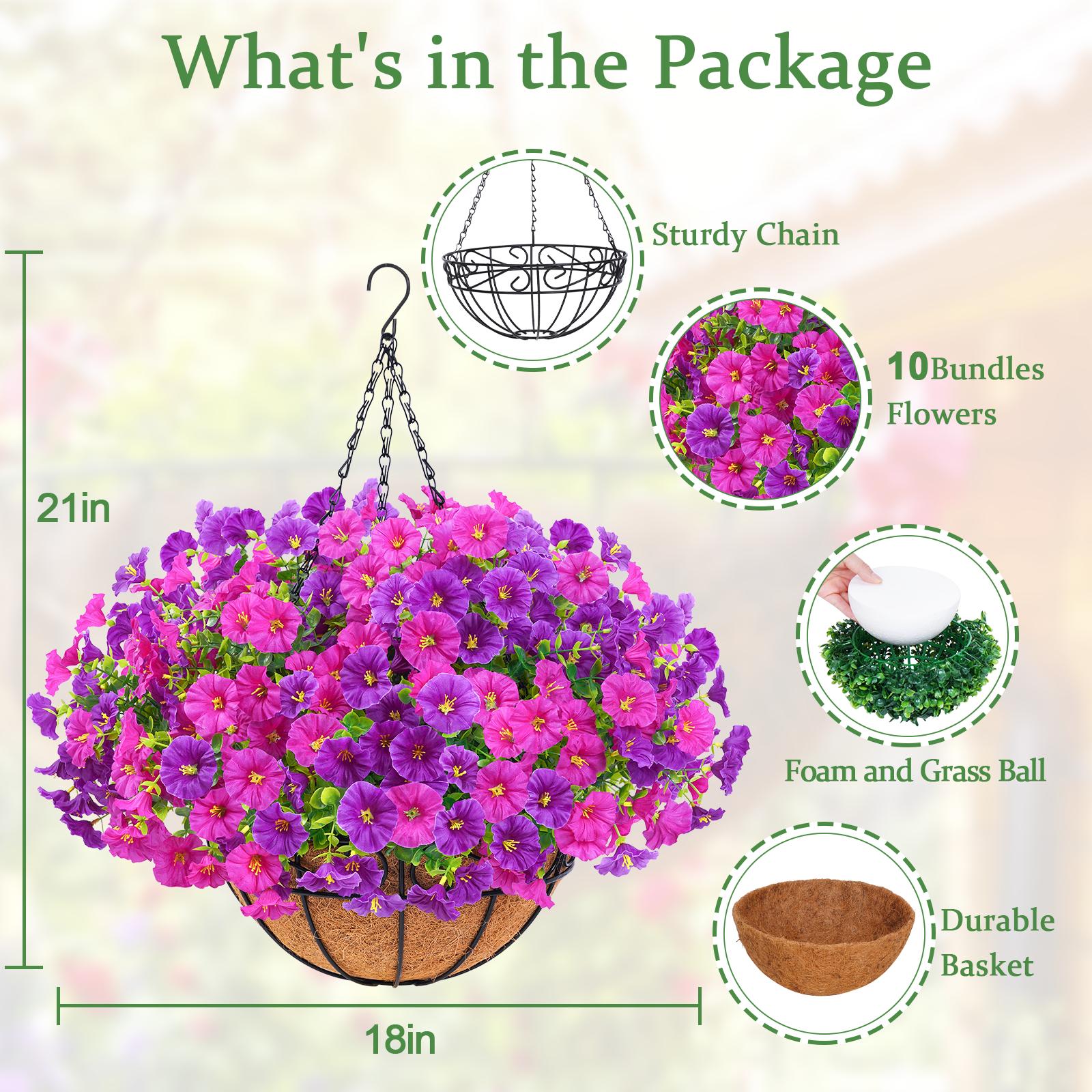 Artificial Hanging Flower Basket for Outdoors,UV Resistant Faux Flowers with Hanging Basket & Greenery,Outdoor Spring Decor for Yard,Patio, Porch,Balcony