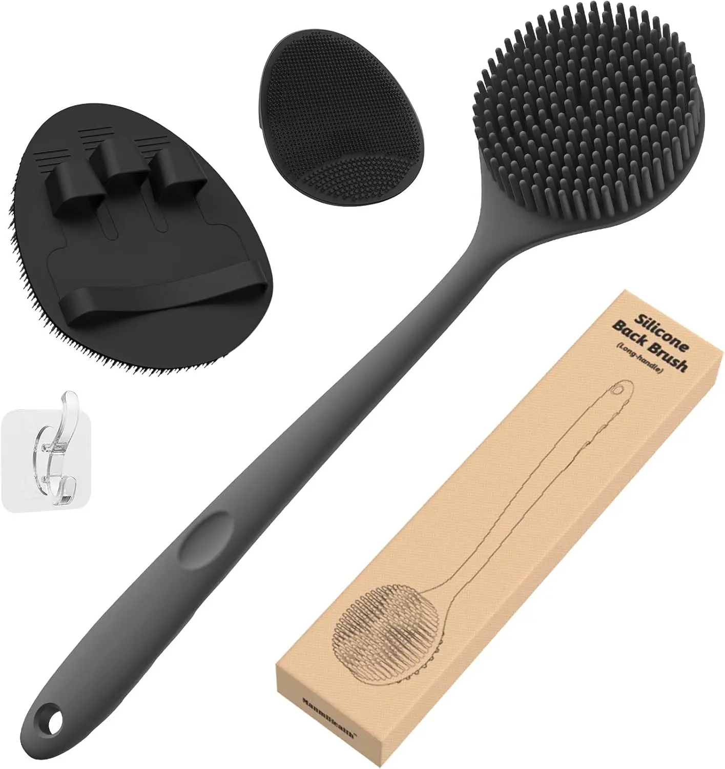 Black Food Grade Silicone Back Scrubber 3-Piece Set - Exfoliating Bath & Shower Kit with Bath Glove, Face Tool, Full Body Personal Care Accessories, Eco-Friendly, Fragrance-Free, None-Irritating for Smooth Skin