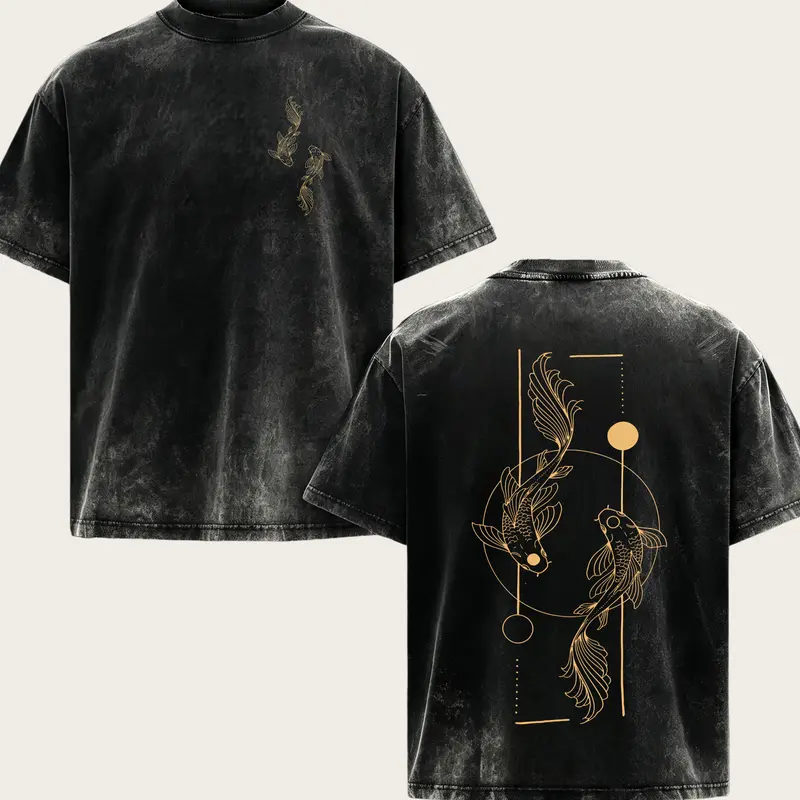 Men's Washed Vintage T-Shirt, Yin Yang Koi Fish Front & Back Print Oversized Tee, Oriental Asian Streetwear Casual Top，funny graphic tee, men’s trendy t-shirts,