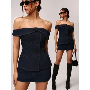 Spring Fashion Chic One-Shoulder Denim Jumpsuit, Sweet Cool Atmosphere, Sleeveless Lace-Up Button Design, Fitted, Short Plain Pattern, Women's Casual Wear Everyday2331123