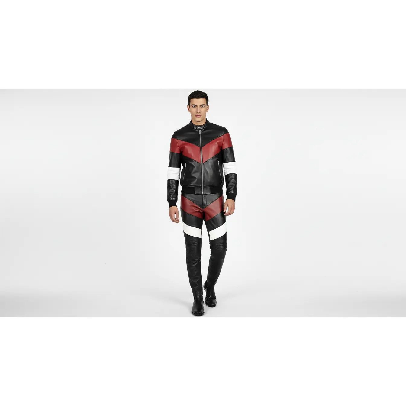 Men’s Black Genuine Leather Café Racer Jacket & Pants Set Black Red Biker Suit