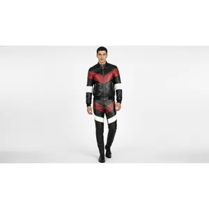 Men’s Black Genuine Leather Café Racer Jacket & Pants Set Black Red Biker Suit