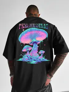 Men's Oversized Short-Sleeve T-Shirt - Psychedelic Mushroom & "PSYCHEDELIC" Typography Graphic Apparel, Trippy Retro Hippie Style, Soft Breathable Fabric, Relaxed Fit, Music Festivals, Casual Hangouts & Streetwear Looks, Stylish Tee for Psychedelic Art Lo