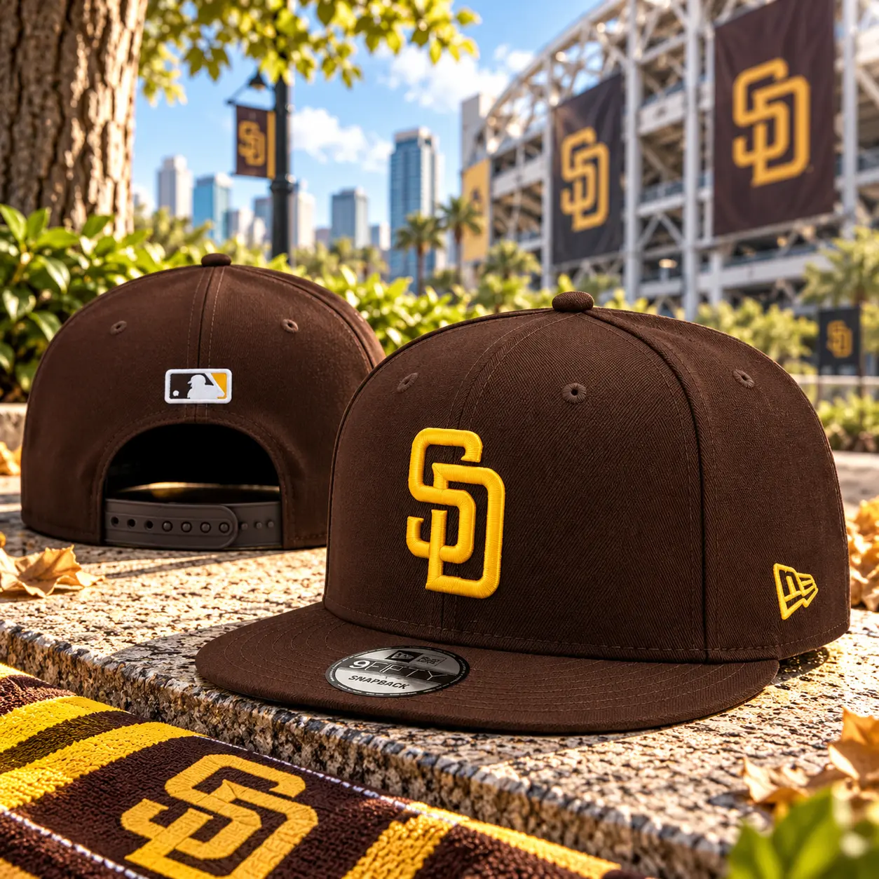 San Diego Padres Brown 9FIFTY Snapback Hat – Yellow SD Embroidered Logo, Adjustable Flat Brim Baseball Fan Cap
