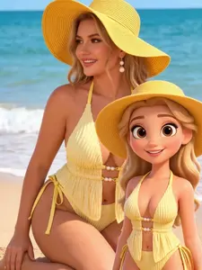 Women's Macaron Solid Color Jacquard Bikini Set, Sexy Backless Triangle Strap Swimsuit, Cute Girls Beachwear, Ladies Two-Piece Swimwear