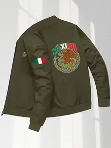 Men's Mexican Theme Pilot Jacket, Mexican Flag Eagle Aztec Print, Zipper Baseball Collar, Polyester Blend, Casual Fit