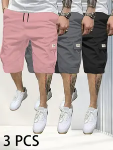 3 Piece Men's Shorts Set Brown Black & Green Slanted Pockets Versatile Casual Wear 3 Piece Bottoms for Everyday Use Menswear Overalls shorts men