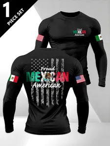Men's Round Neck Long Sleeve Casual Classic American Style Streetwear Graphic Print Fitted T-Shirt, Trendy Fashion Flag Emblem Letter Pattern, Perfect Daily Wear