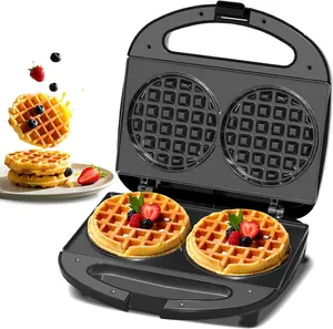 Double Mini Waffle Maker Non-Stick Cast Iron Waffle Machine with Automatic Temperature Control Cool Touch Handle for Even Heating and Easy Use - Kitchen Appliances