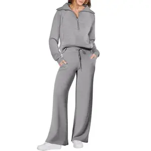 New Women's Fall Casual Solid Color Two-Piece Set, Half-Zip Collar Design, Comfortable Fashion Daily Sports, Sweatsuit Outfits
