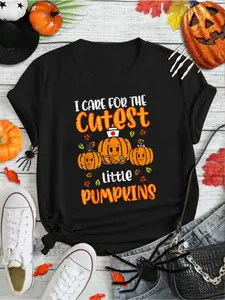 100% Cotton Pumpkins Nurse Halloween Scrub Top Fall Thanksgiving Women T-Shirt Print Round Neck Short Sleeve Streetwear Fashion Breathable Homme Soft Unisex Designer Clothes For Women Casual Clothes