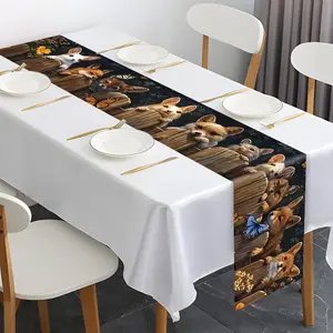 Cute Fox Themed Table Runner on Wooden Fence, Woven Polyester Material for Year-Round Home Kitchen Decor, Ideal for Festivals and Housewarming Gifts