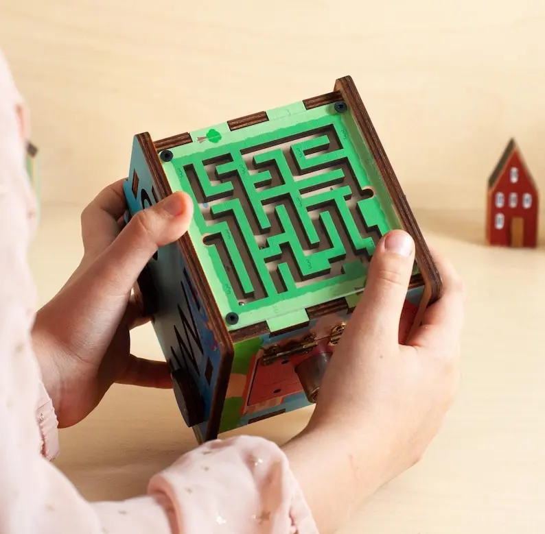 Bright and Large Busy Cube, Wooden Activity Cube for Toddlers, Sensory Maze Busy Box, Fine Motor Skills