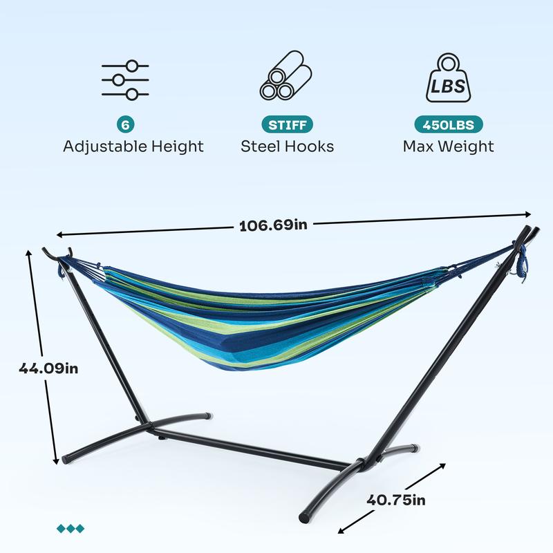 Double Hammock With Carry Bag, With Space-Saving Stand, Heavy-Duty Steel Frame, 450 Lb. Load Capacity, Easy To Assemble, For Patio, Park, Outdoors