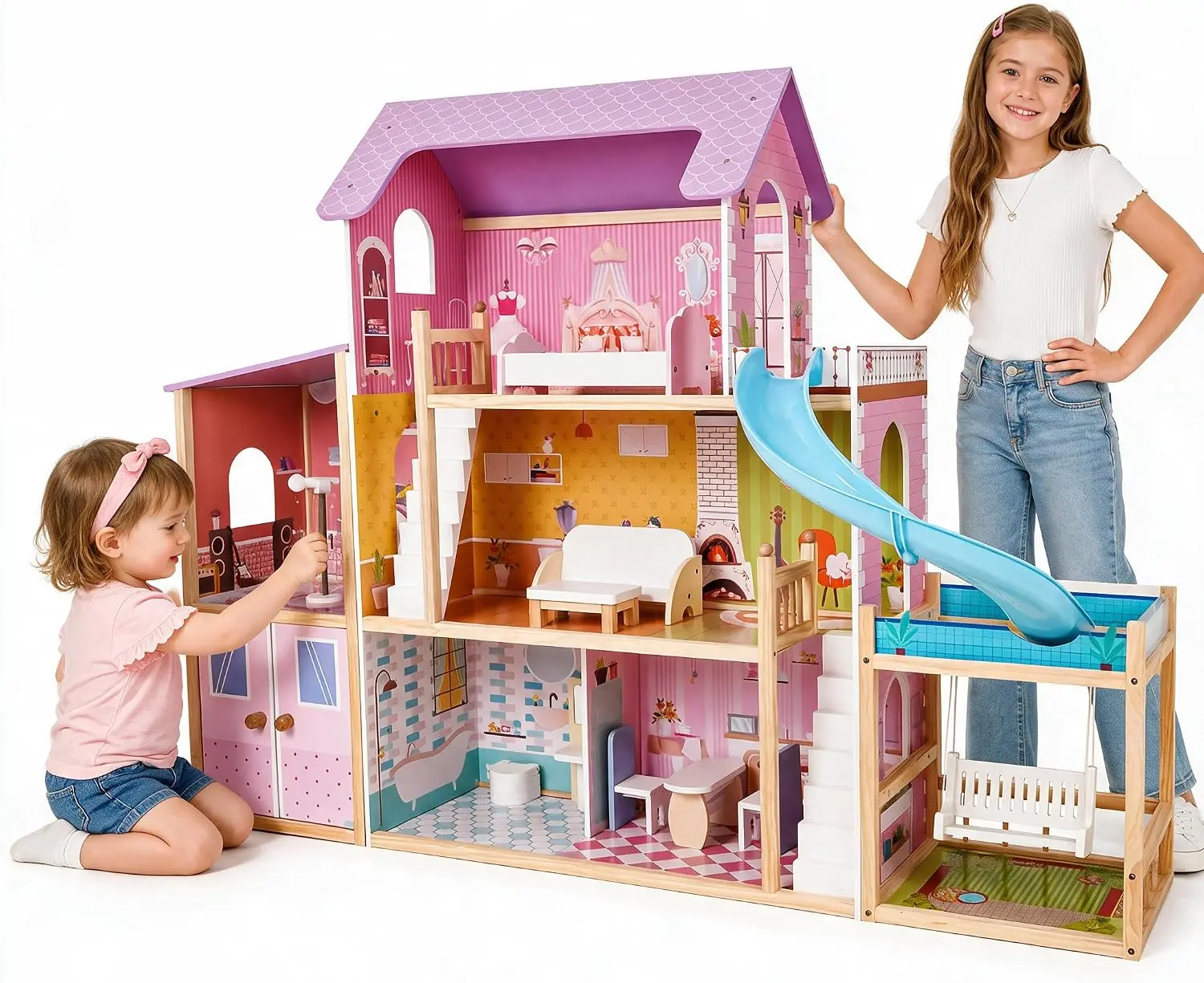 Luxury Unisex EDUBEBO Large Wooden Dollhouse for 12in Dolls - 3-Story Playset with Pool, Garage, Music Room, Swing, Kids Learning Materials for Learning Pretend Play, Ages 3+