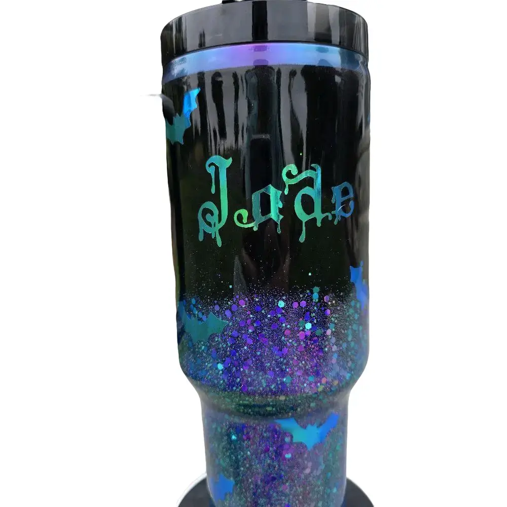 Bats with an Ombre Glitter Reusable Tumbler Personalized with Any Name Black Base Multicolor Glitter Design