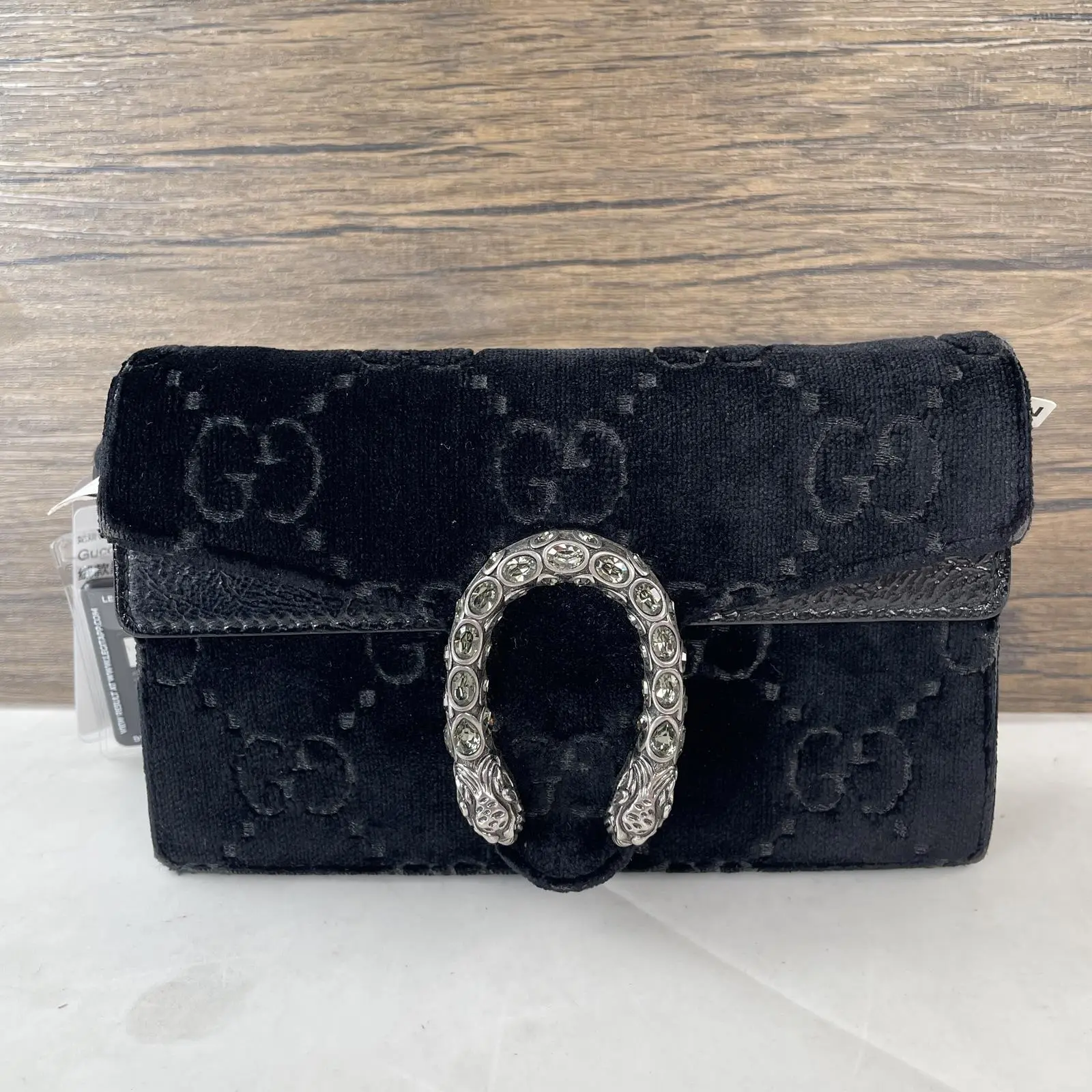 Pre-owned GUCCI leather Shoulder Bags Black GG Velvet Crystal Dionysus Mini Chain Shoulder Bag with chain
