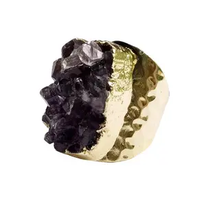 Dramatic Amethyst Geode Cocktail Ring - 83.3 Carats, Wide Adjustable Brass Band