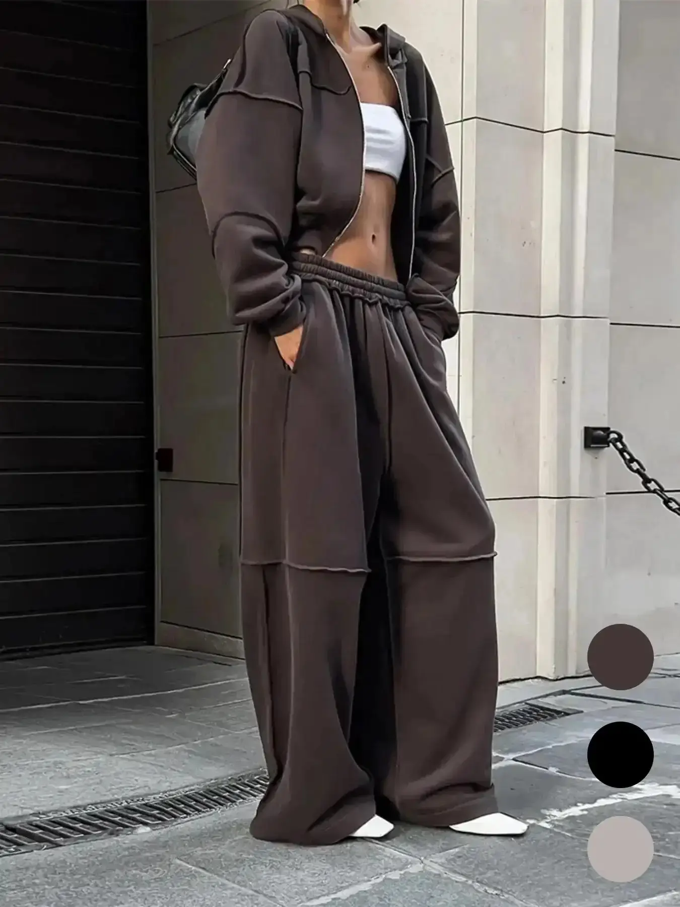 Women's Solid Zip Up Hooded Sweatshirt & Pocket Elastic Waist Pants Two-piece Set, Basic Casual Drop Shoulder Long Sleeve Top & Trousers for Fall & Winter, Women's Clothes for Daily Wear