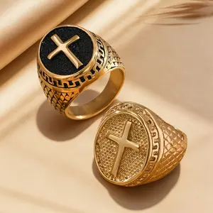 Stylish Men's 18K Gold-Plated Stainless Steel Ring with Gothic Oval Cross Design - Durable & Elegant - For Men - Perfect Christmas/Easter Gift for Him