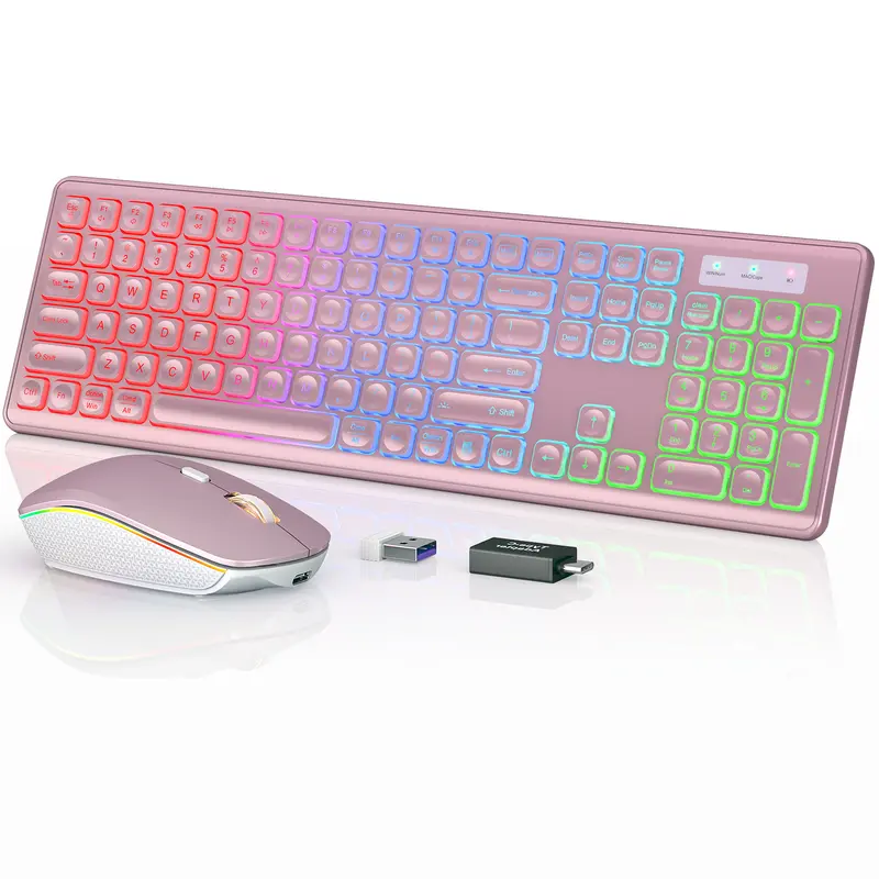 SABLUTE KM42PRO Cordless Full-Size Lighted Rainbow Keyboard & Gaming Mouse Combo - 2.4GHz Rechargeable, ARGB Lights, USB Receiver, Sleep Mode, Non-Bluetooth, Colorful Wireless PC/Windows Keyboard for Work, Back to School, Colorful Keyboard And Mouse Wirel