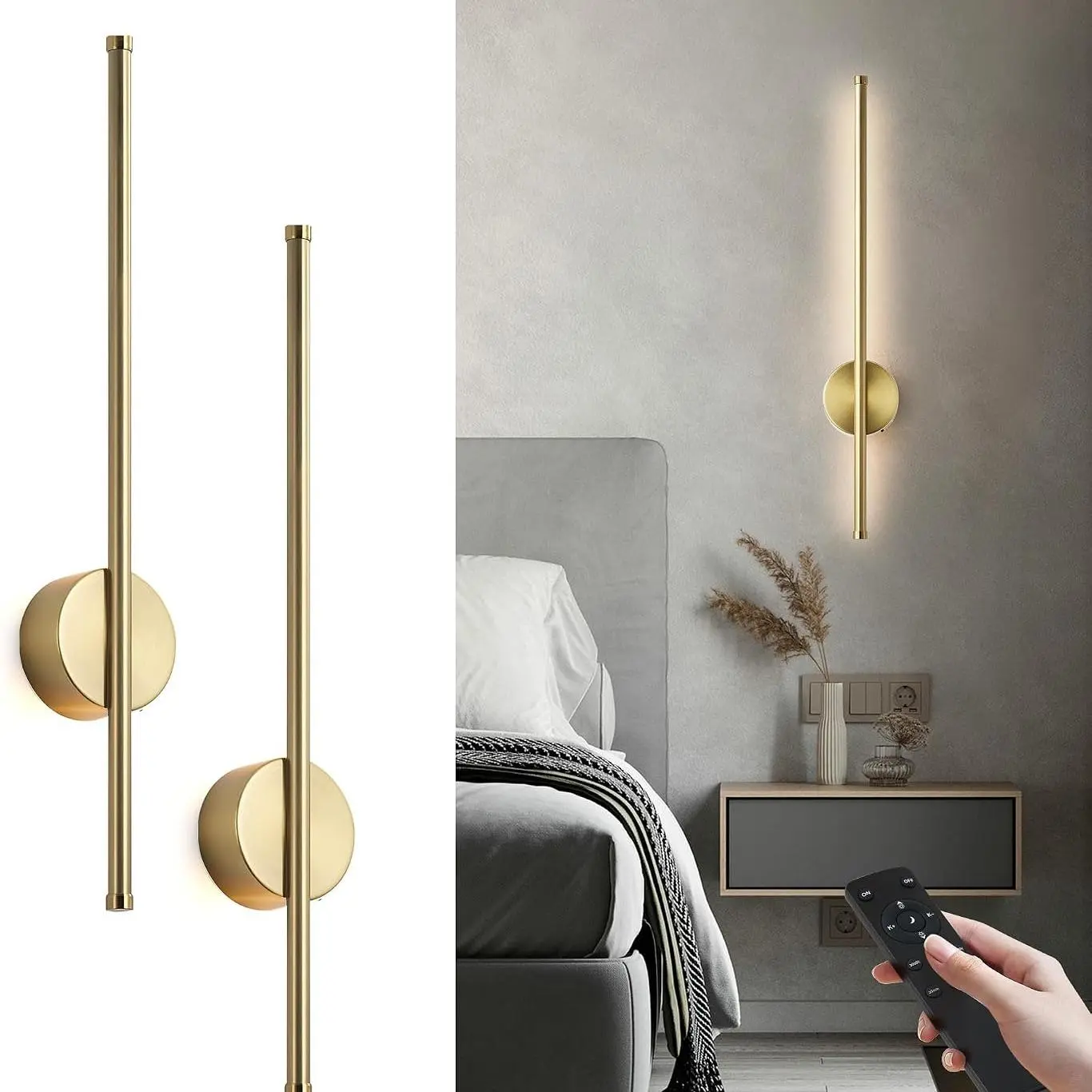 2-Pack Battery-Operated Rechargeable Wall Sconces, Non-Removable 10000mAh Battery, Remote Control Dimmable 3CCT 360° Rotatable Gold/Black LED Wall Lamps, Room Accessories, Household Items, Cool Room Decor for Bedroom, Hallway, Living Room Dec